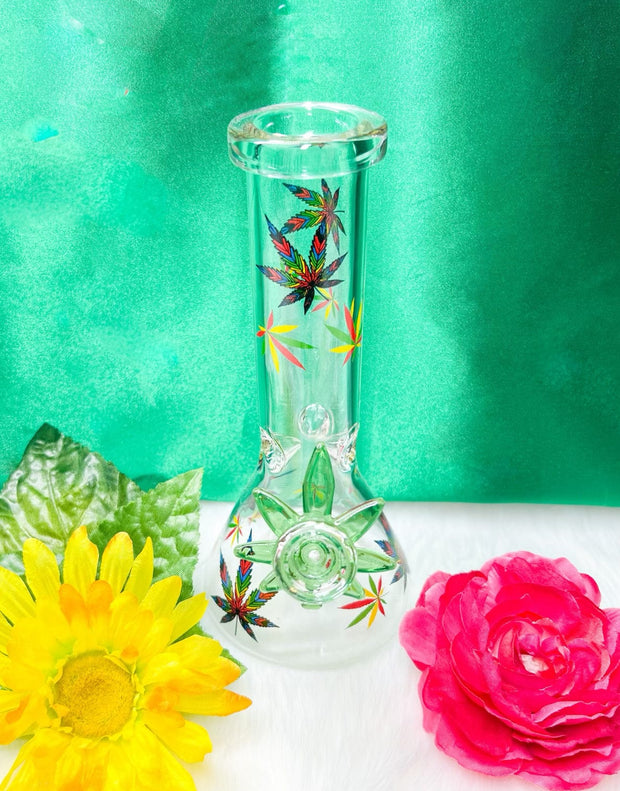 Rainbow Weed Leaves 8in Glass Water Pipe/Bong