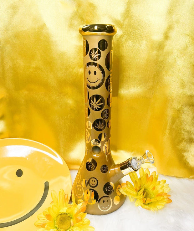 Metallic Gold Smiley Face Weed Leaf Beaker Glass Water Pipe 12in/Bong