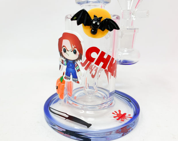 Blue Chucky Doll Horror Bent Neck Glass Water Hand Pipe/Dab Rig