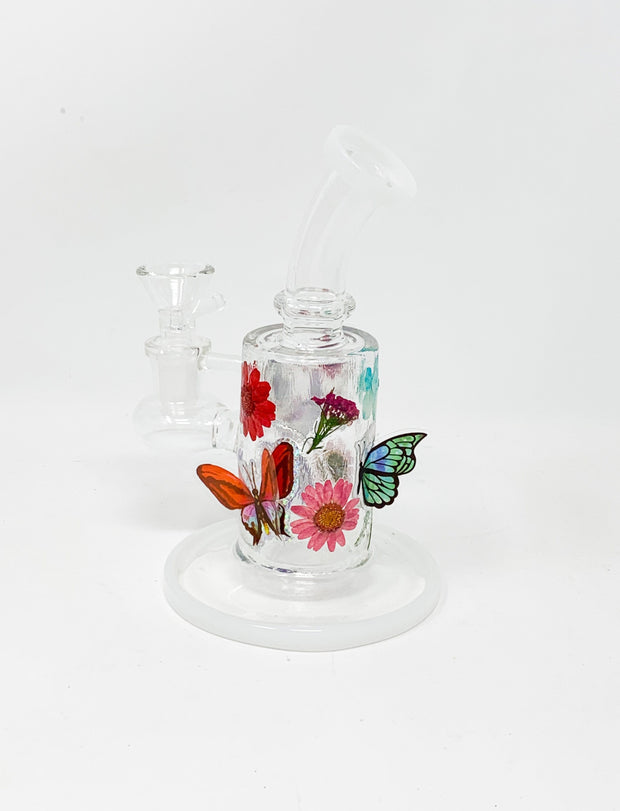 Rainbow Floral Butterflies Bent Neck Glass Water Hand Pipe/Dab Rig