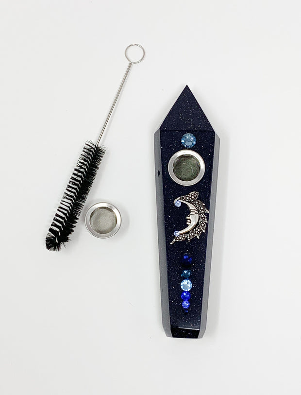 Blue Goldstone Crystal Hand Pipe Moon