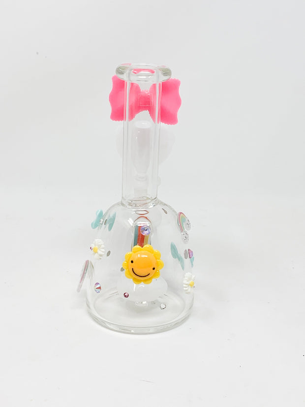 6.5in Pink Rainbow Cloud Rhinestone Bow Glass Hand Pipe/Bong/Dab Rig
