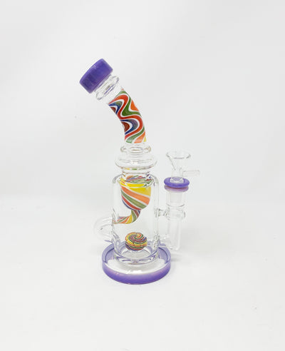 Purple Rainbow Swirl 9in Bent Neck Glass Water Hand Pipe/Dab Rig