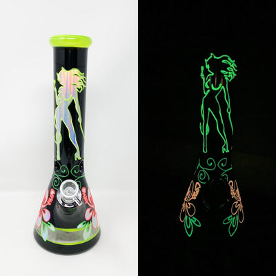 Glow In The Dark Sexy Devil Hawaiian Flower Hibiscus Beaker Glass Water Pipe/Bong