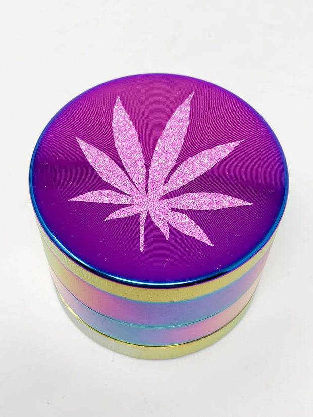 Rainbow Herb Grinder Pink Weed Leaf Glitter Custom 4 Piece 55mm W/ Cleaning Tool