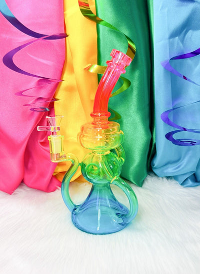 Neon Lights Rainbow Recycler Glass Water Pipe/Dab Rig Set