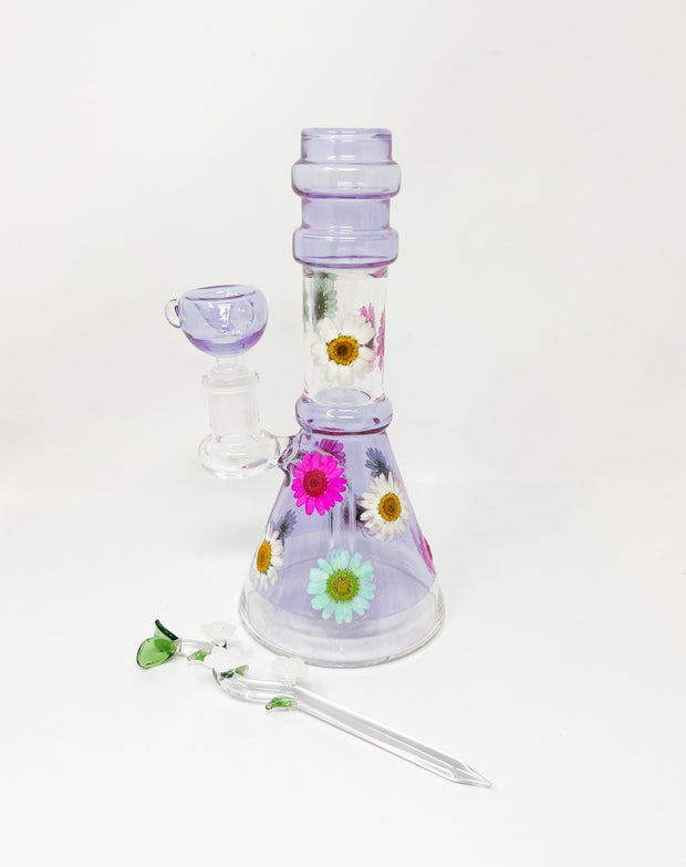 Purple Pink Teal Floral Straight Neck Glass Water Pipe/Rig