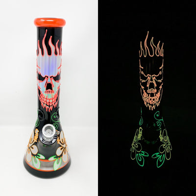 Glow In The Dark Flaming Skull Hawaiian Flower Hibiscus Beaker Glass Water Pipe/Bong