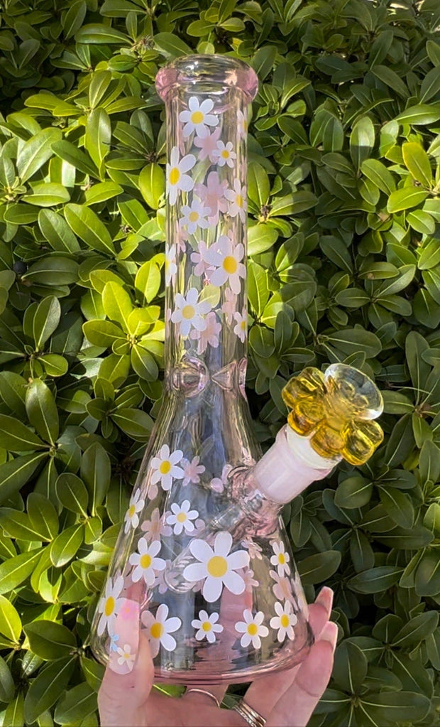 Retro Pink Daisies Glass Water Pipe/Bong