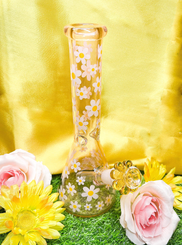 Retro Pink Daisies Glass Water Pipe/Bong