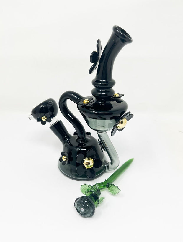 Black and Gold Daisy Recycler Glass Water Pipe/Dab Rig