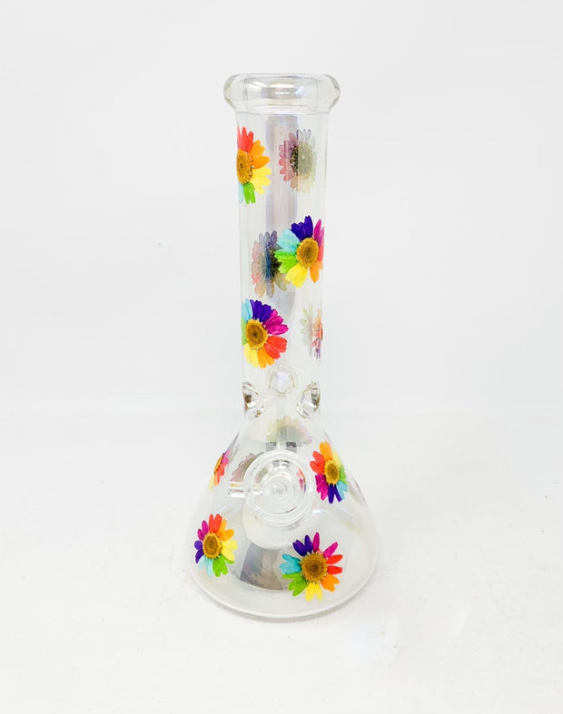 Rainbow Daisy Dried Floral Iridescent 10in Glass Water Pipe/Bong