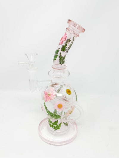 Pink Floral Recycler Glass Water Pipe/Dab Rig