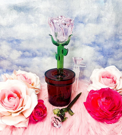 Pink Rose Flower Pot Glass Water Pipe/Dab Rig