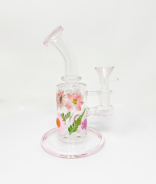 Pink Floral Pink Bent Neck Glass Water Hand Pipe/Dab Rig