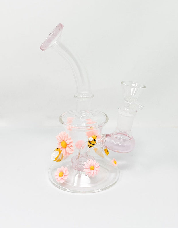 Bee’s and Daisies 6in Glass Water Pipe/Dab Rig