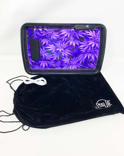 Purple Cannabis Leaves LED Rolling Tray Featuring 7 Colors and Party Mode