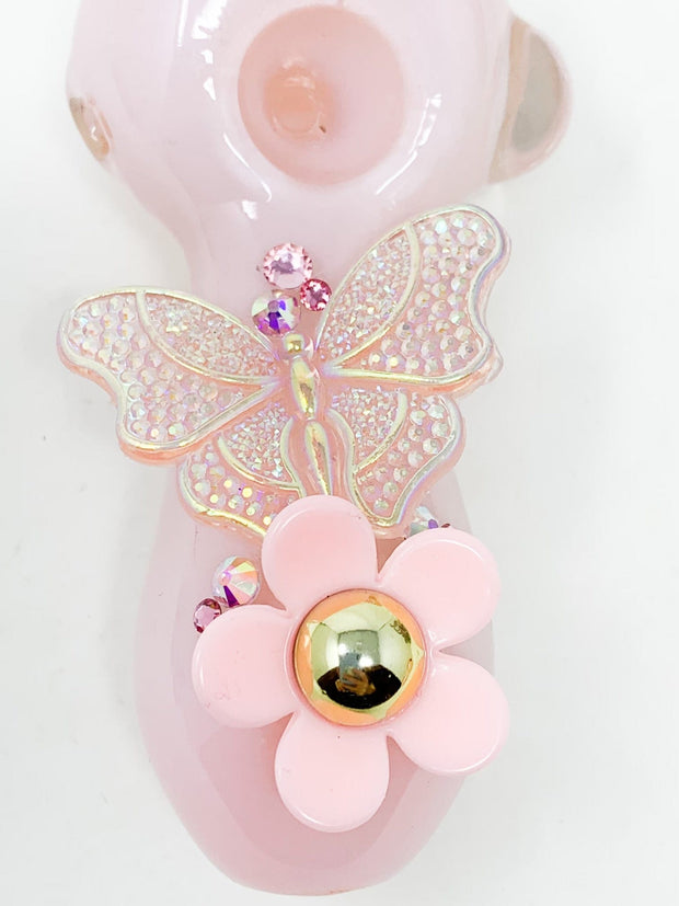 Pink Butterly Pink Daisy Glass Hand Pipe