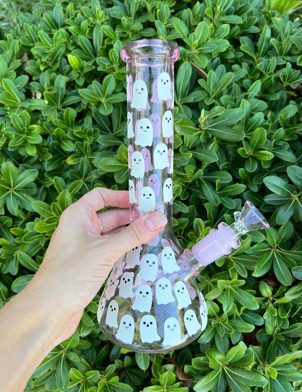 Glow In The Dark Ghosts Pink Glass Water Pipe/Bong