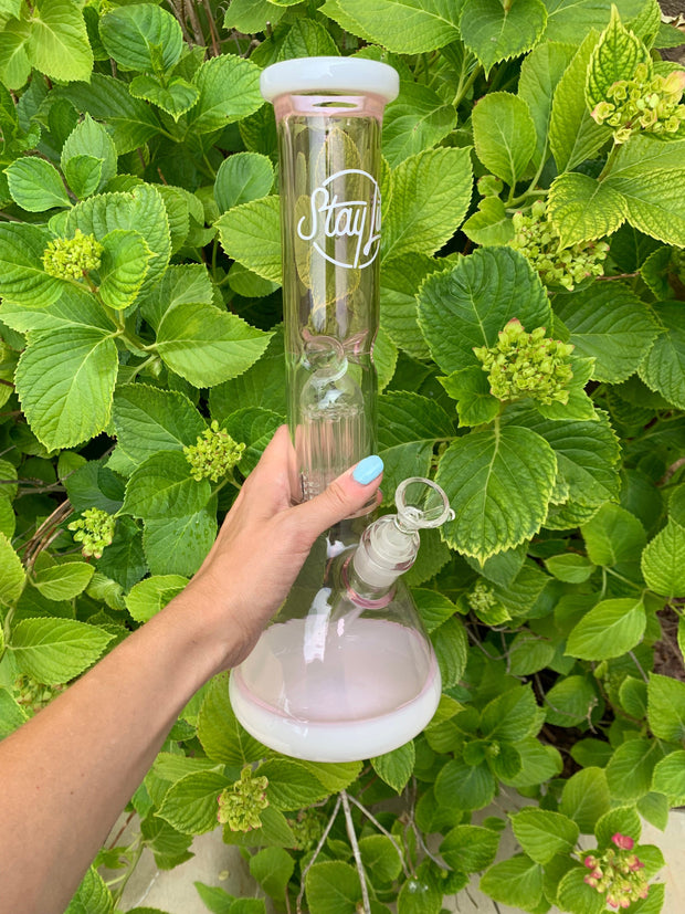 StayLit Pink White 14in Beaker Glass Water Pipe/Bong