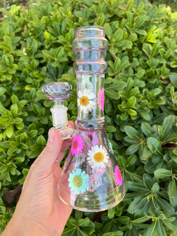 Purple Pink Teal Floral Straight Neck Glass Water Pipe/Rig