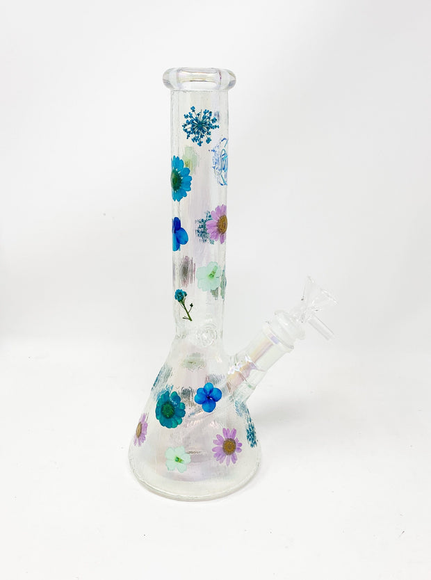 Iridescent Purple and Blue Flowers 8in Beaker Glass Water Pipe/Bong