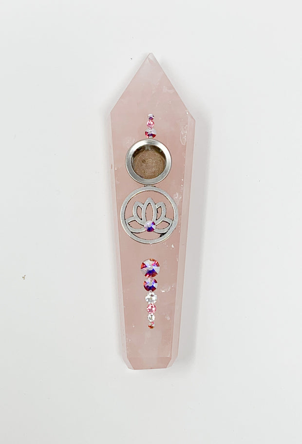Rose Quartz Crystal Hand Pipe Lotus Flower