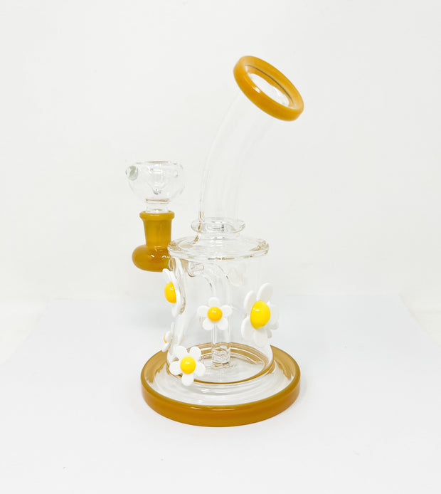 Retro Daisies Yellow 8in Glass Water Pipe/Dab Rig