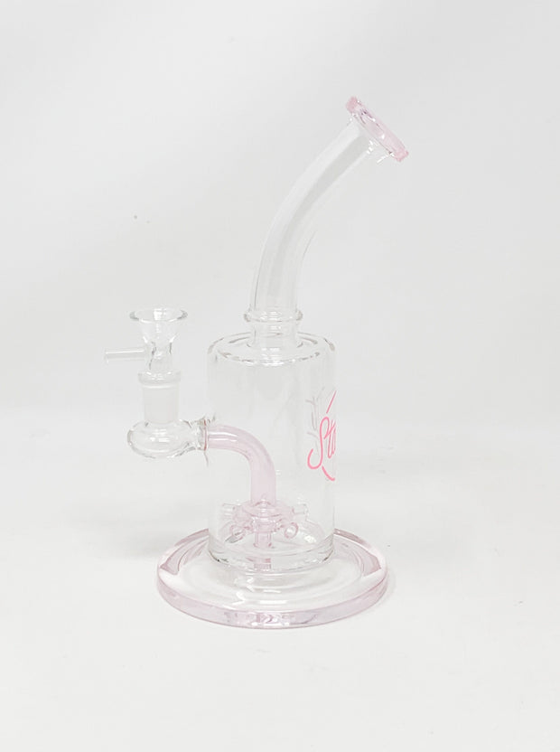 Matte Pink Glow In The Dark StayLit 9in Bent Neck Glass Water Hand Pipe/Dab Rig