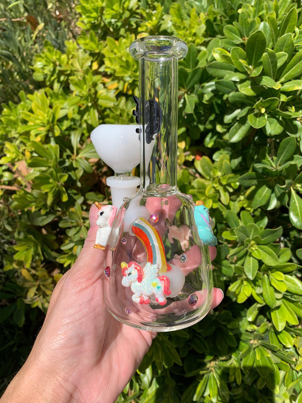 6.5in Red Rainbow Unicorn Rhinestone Glass Hand Pipe/Bong/Dab Rig