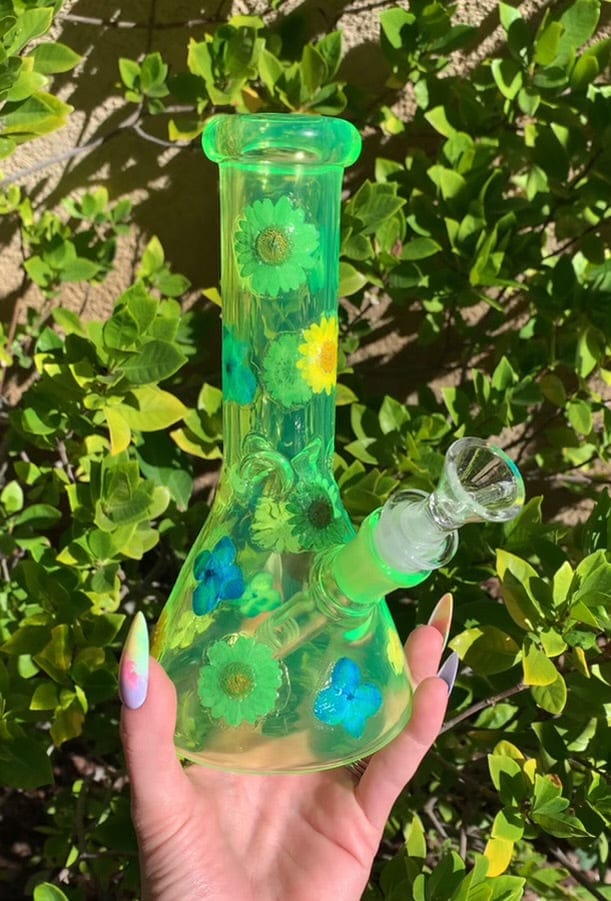Neon Green UV Dried Floral Glass Water Pipe/Bong