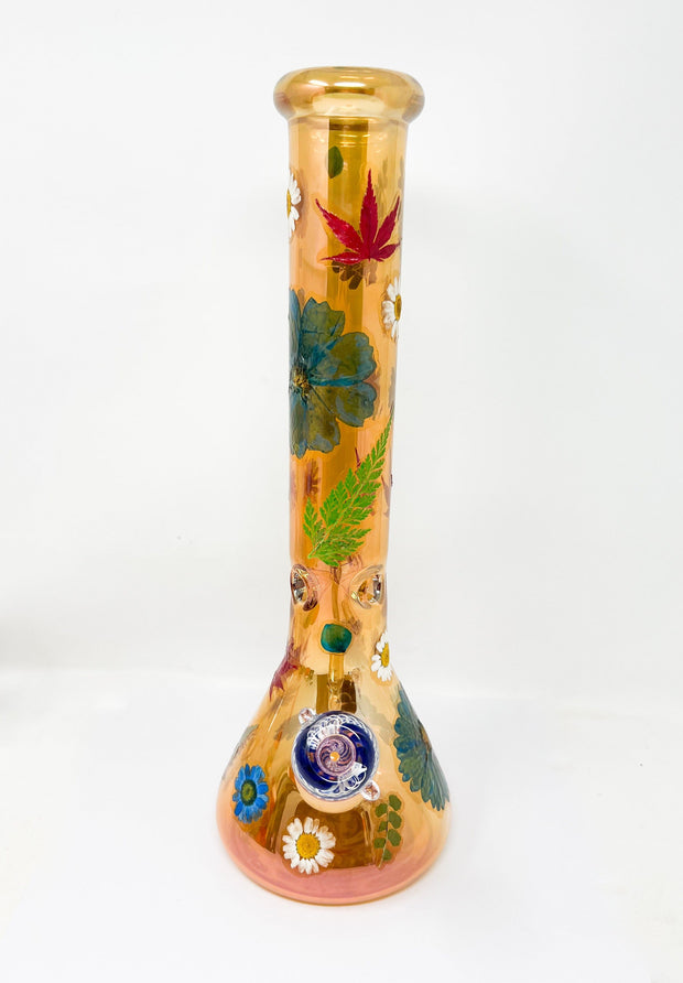 Iridescent Amber Dried Floral 14in Beaker Glass Water Pipe/Bong