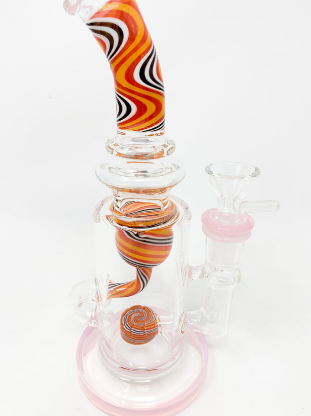 Pink Rainbow Swirl 9in Bent Neck Glass Water Pipe/Dab Rig