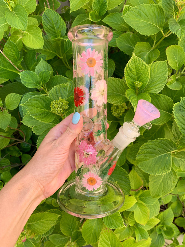 Pink Dried Floral 10in Glass Water Pipe/Bong