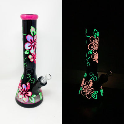 Glow In The Dark Hawaiian Flower Hibiscus Beaker Glass Water Pipe/Bong