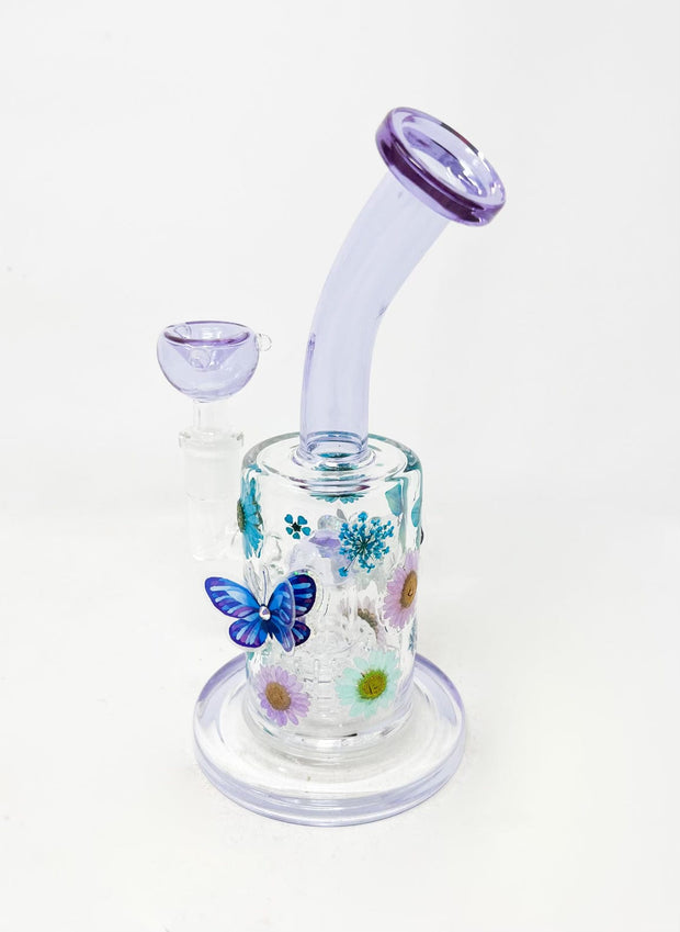 Purple Floral Butterflies 8 In Bent Neck Glass Water Hand Pipe/Dab Rig