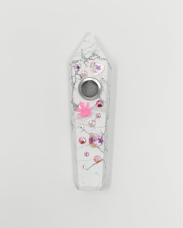 White Marble Crystal Hand Pipe Weed Leafs Hearts Crystal