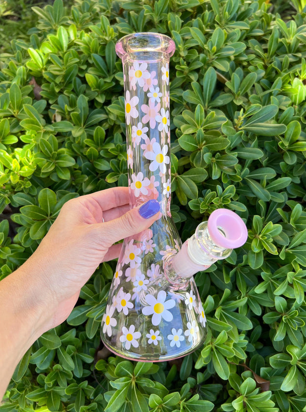 Retro Pink Daisies Glass Water Pipe/Bong