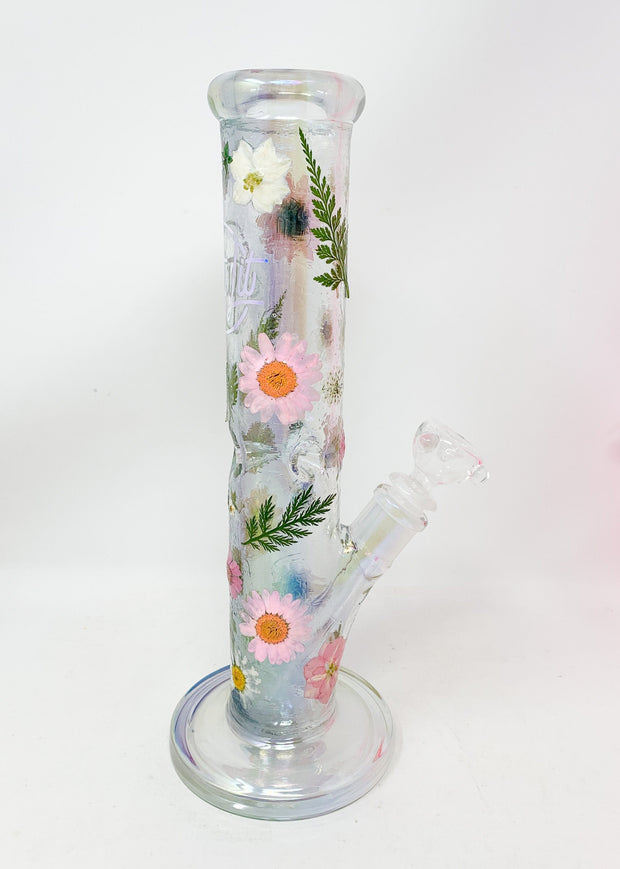 Iridescent StayLit 12in Floral Straight Tube Glass Water Pipe/Bong