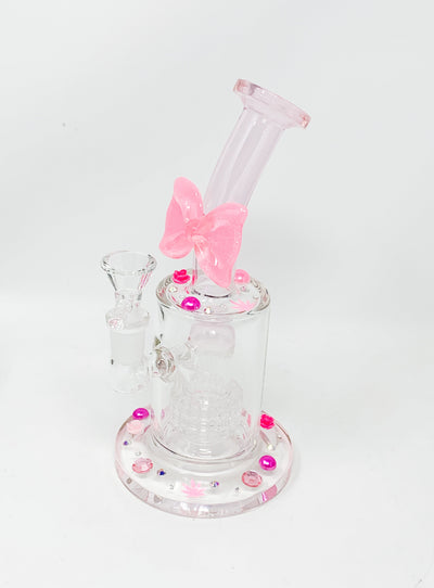 Pink StayLit Pink Bow Swarovski Crystal Pearls 8.5in Bent Neck Glass Water Hand Pipe/Dab Rig