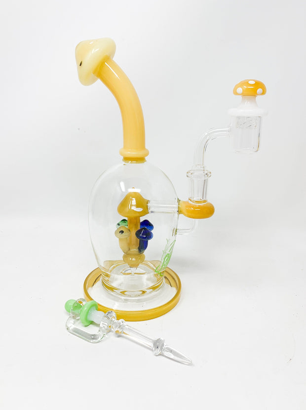 Yellow Mushroom Bent Neck Glass Water Hand Pipe/Dab Rig