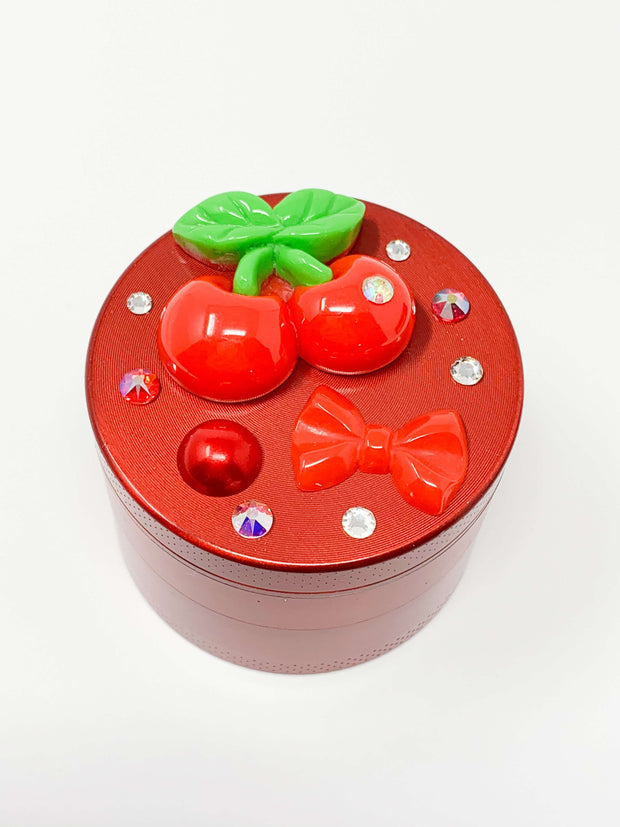 Herb Grinder Red Cherries Swarovski Crystals Weed Grinder 4 Piece 55mm W/ Cleaning Tool